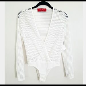Akira sheer white striped bodysuit leotard